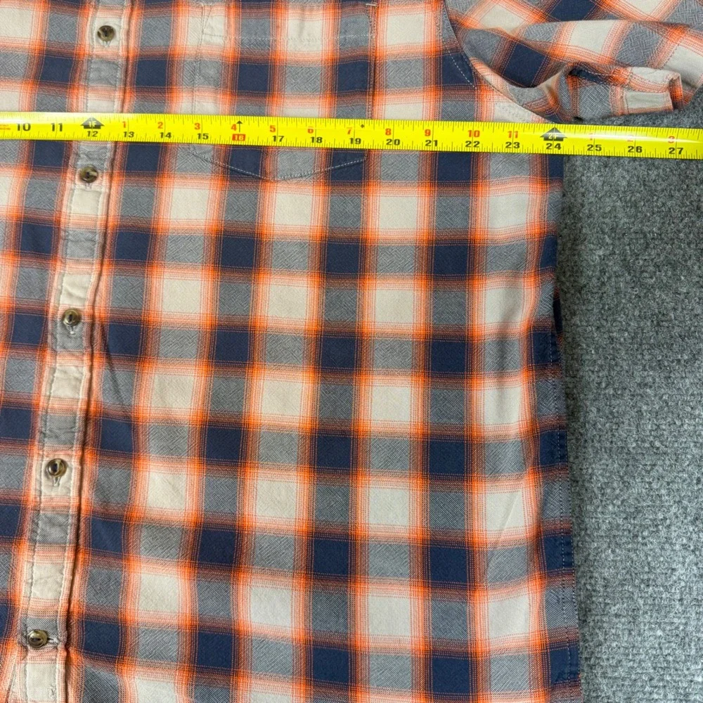 The North Face Mens XL Plaid Button Down Shirt Short Sleeve Orange Navy Blue